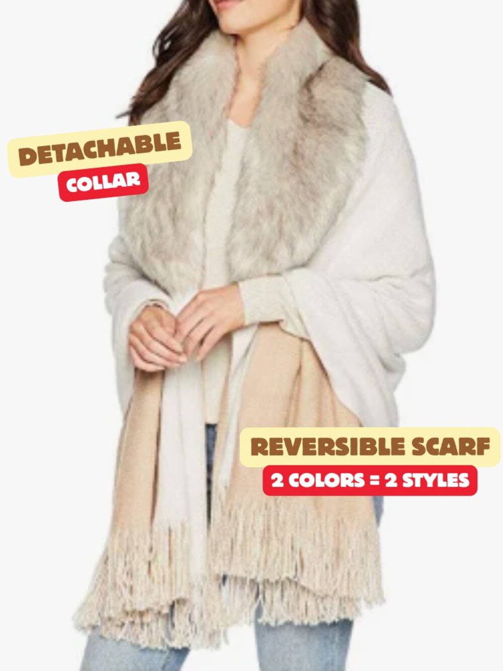 NEW Lauren Ralph Lauren Reversible Ruana Poncho Shawl Detachable Faux Fur Collar